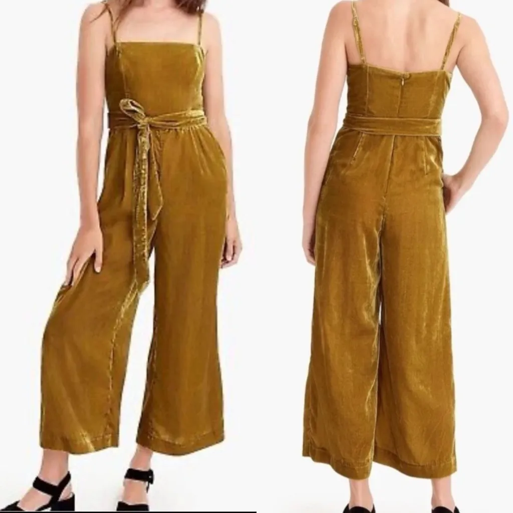 J. Crew 365 Marseille Crushed Velvet Jumpsuit Wide Leg Cropped Belt Gold 12P - Image 2