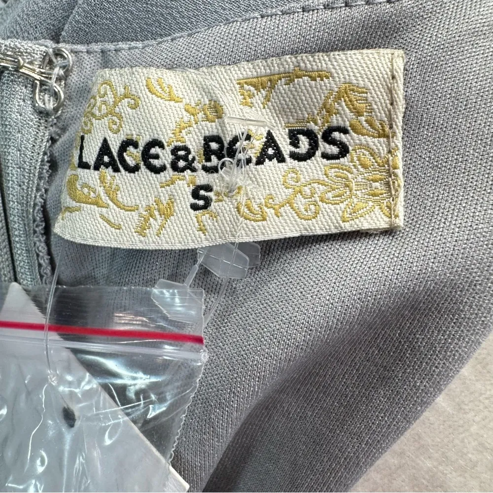 Silver Beaded Sequined Dress Short Sleeve V Neck Cocktail Party by Lace & Beads - Image 10