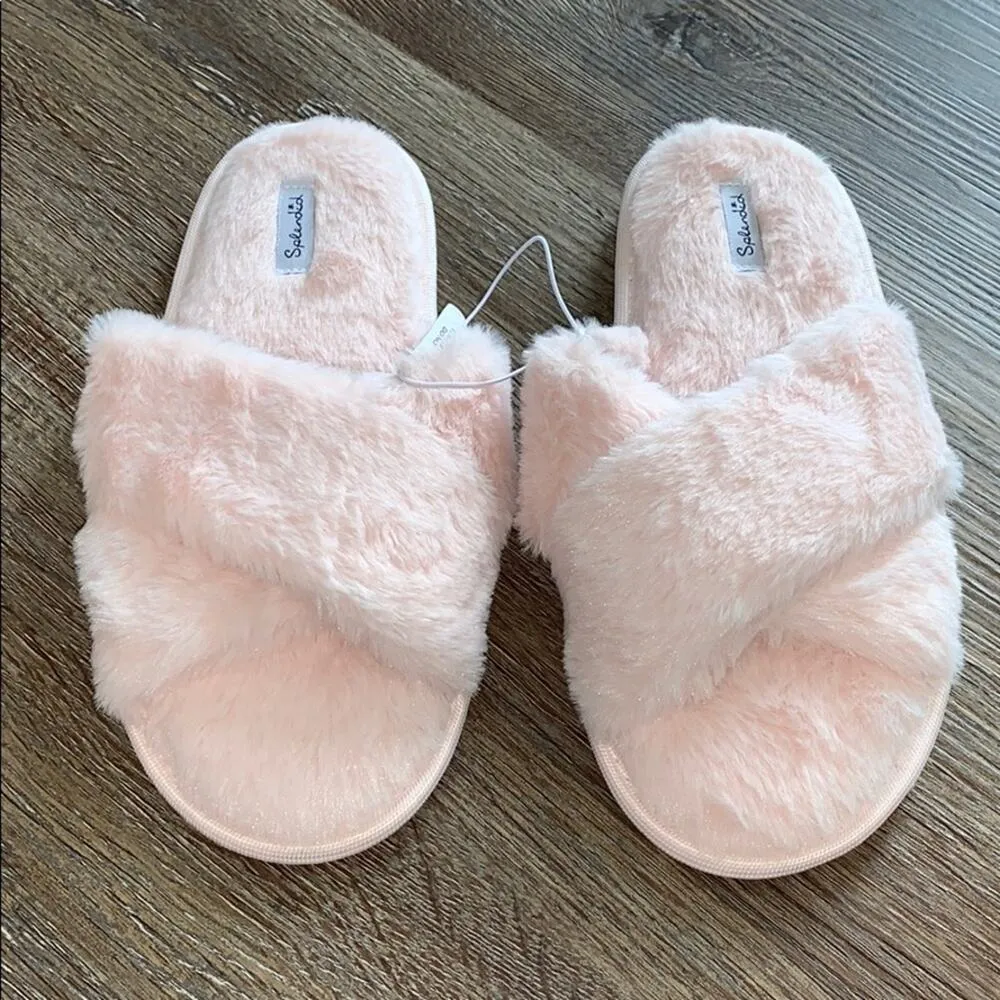 Splendid  Faux Fur Crisscross Slippers Pink S/M - Image 2