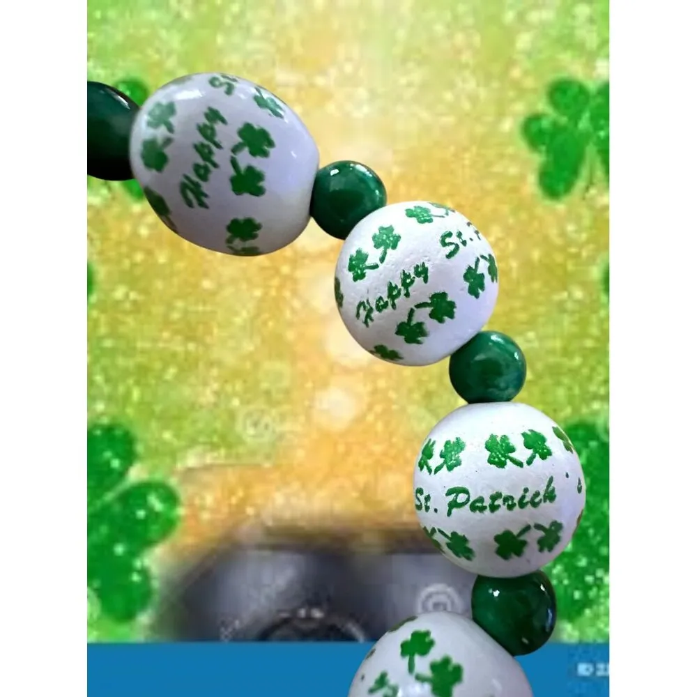Happy St Patricks Day Shamrock Wood Beaded Stretch Bracelet Marbled Acce… Green - Image 6