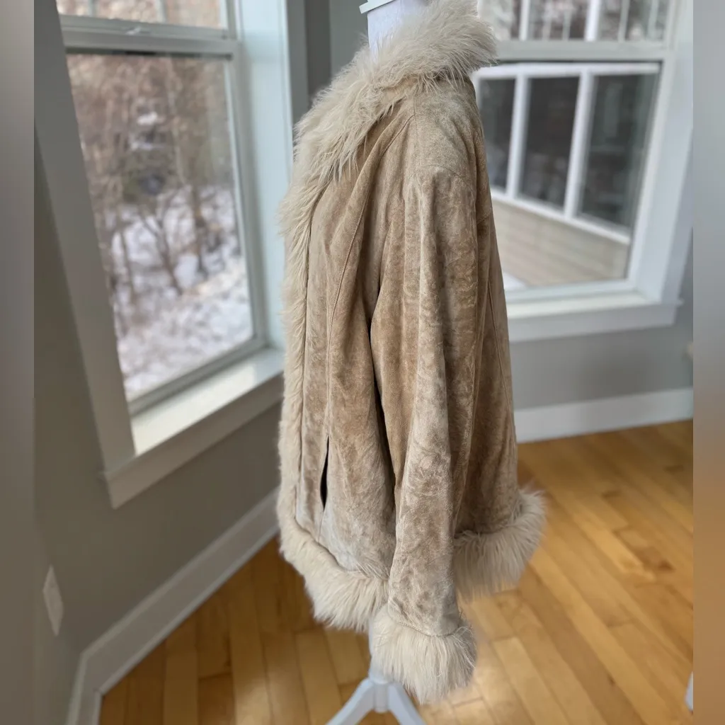 Vintage Avenue Genuine Suede Leather Faux Fur Trim Penny Lane Coat Jacket Sz XL Tan - Image 13