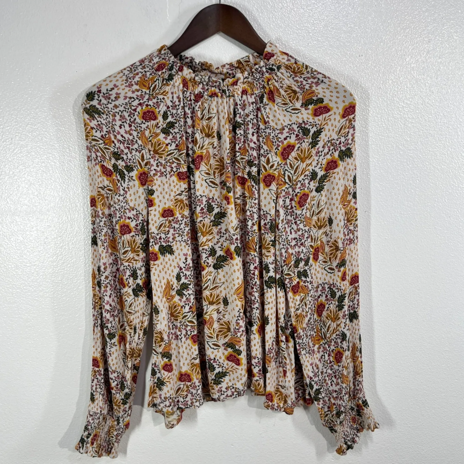 Garnet Hill Fleur Crêpe Blouse Women M Floral Boho Smocked Cuff Top Mock Neck - Image 2