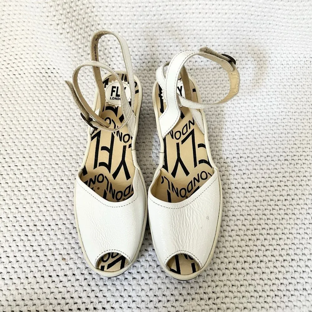 Fly London White Patent Upper Popa Wrap Ankle Peep Toe Low Wedge Sandals 41 - Image 4
