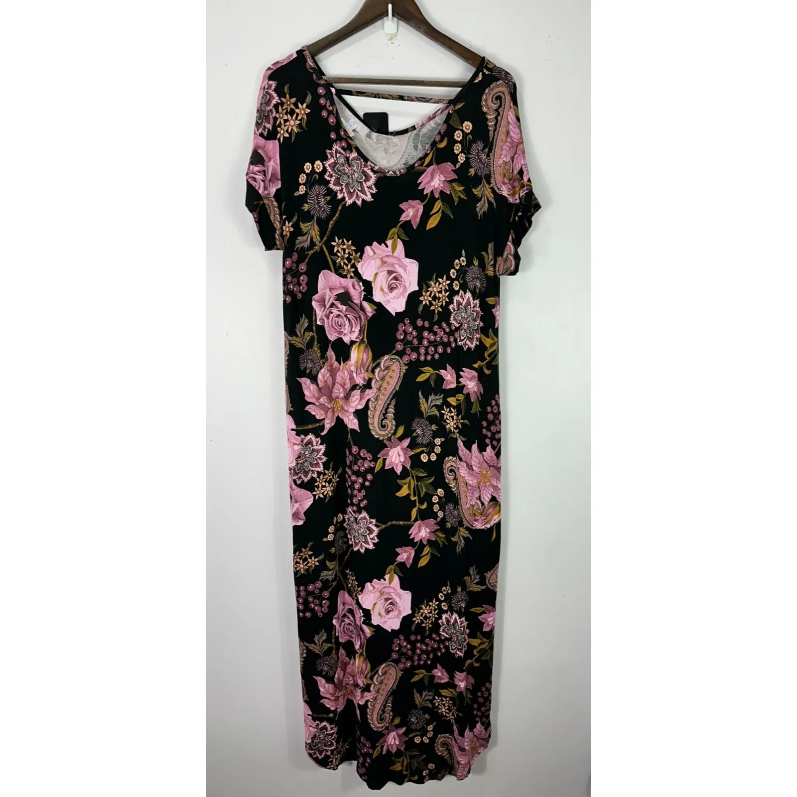 LuLaRoe Dress L Black Floral Paisley Boho Maxi Stretch Comfort Travel Modest - Image 3