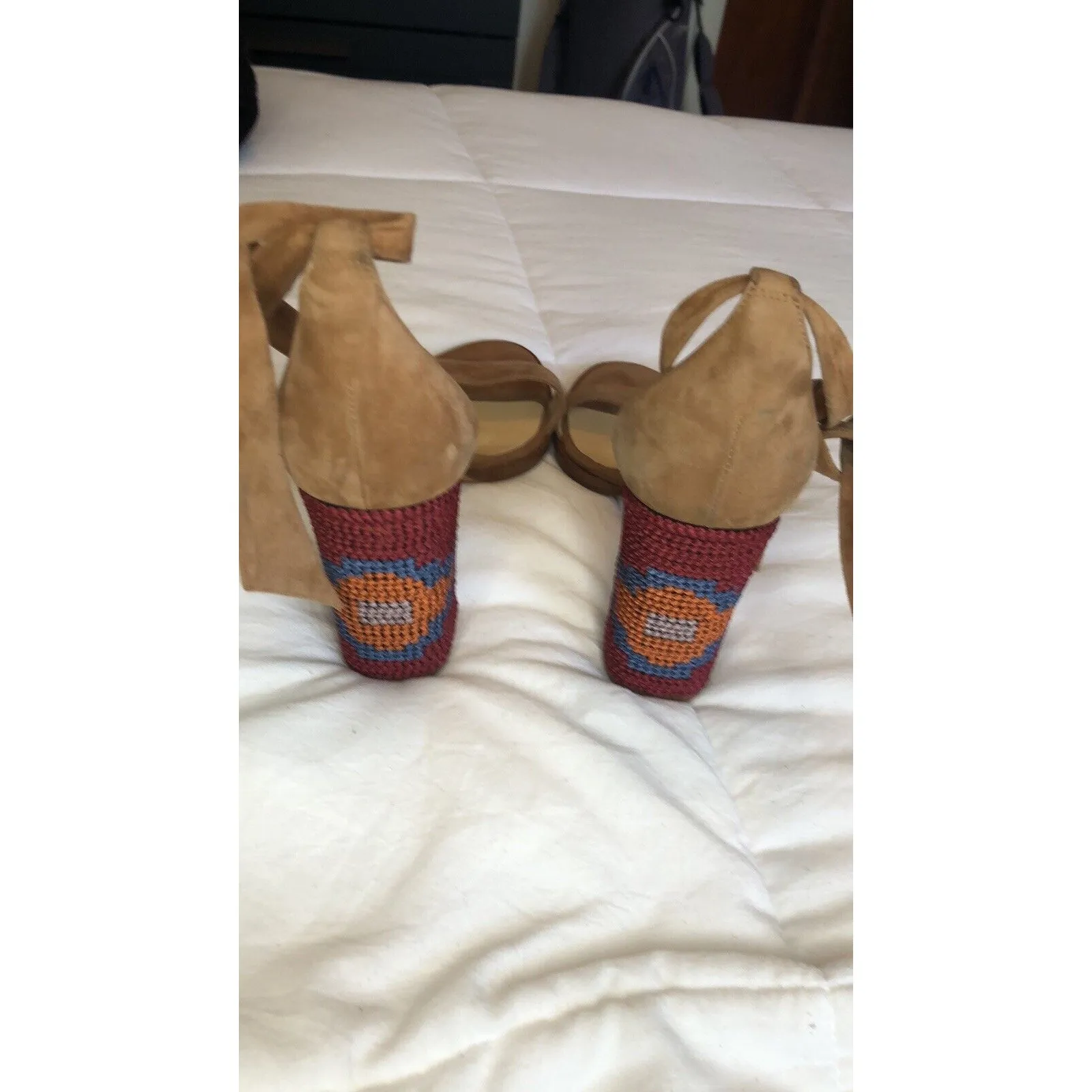 ALEXANDRE BIRMAM Suede Crochet Trim Sandals Elisa 7 1/2 Embroidered Block Heels - Image 11