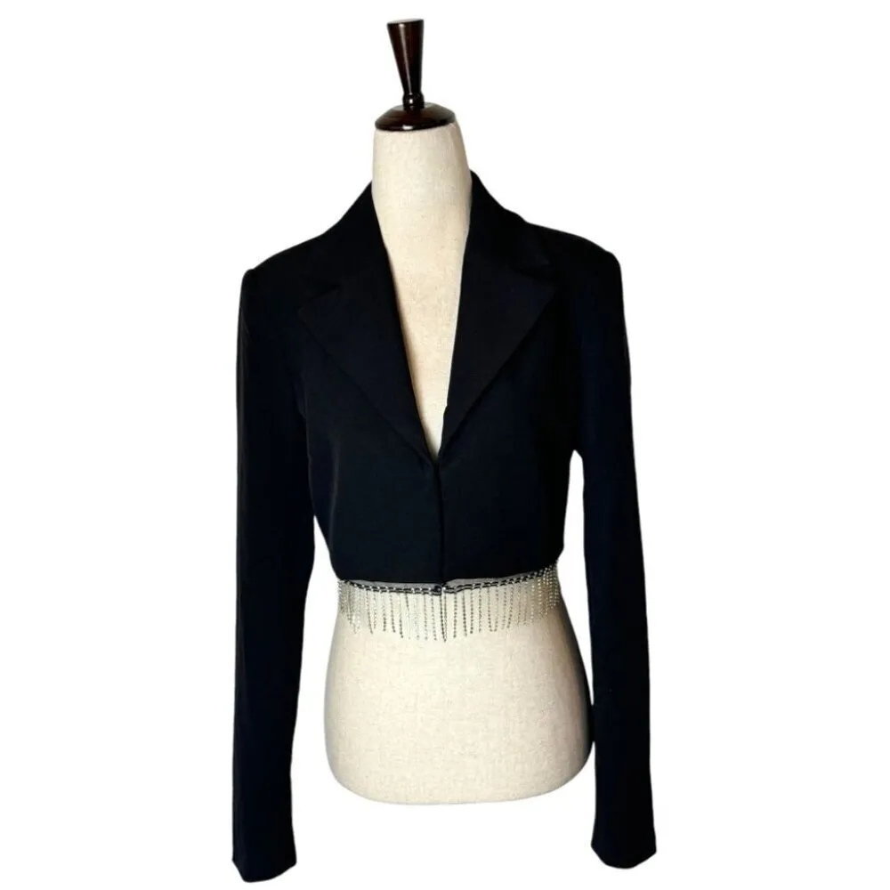 House Of Harlow 1960 Blazer Women Small Black Cropped Rhinestone‎ Fringe Coat - Image 2