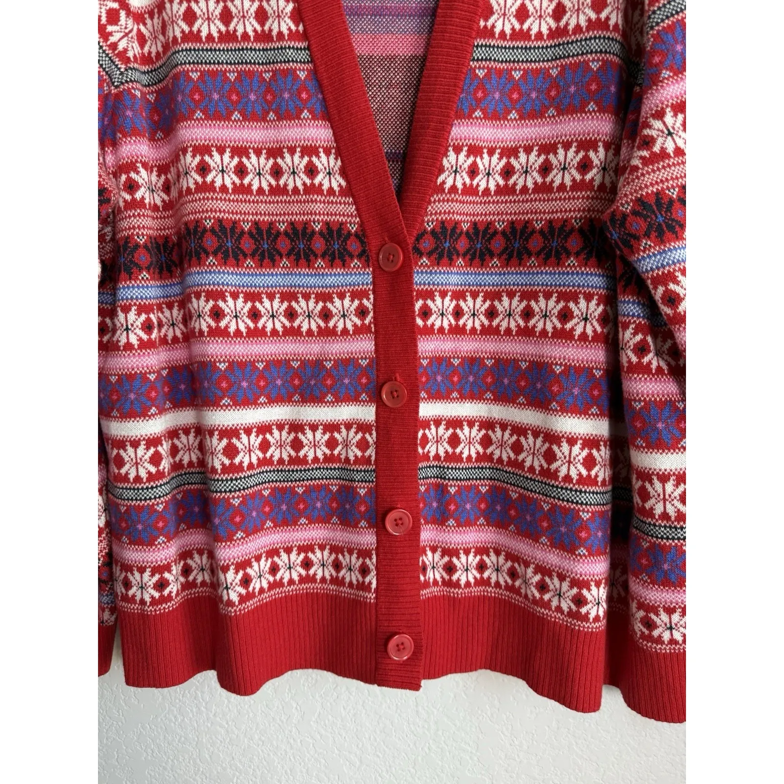 Lane Bryant Womens Cardigan‎ Plus 26 Red Fair Isle Snowflake Cottagecore Holiday - Image 10