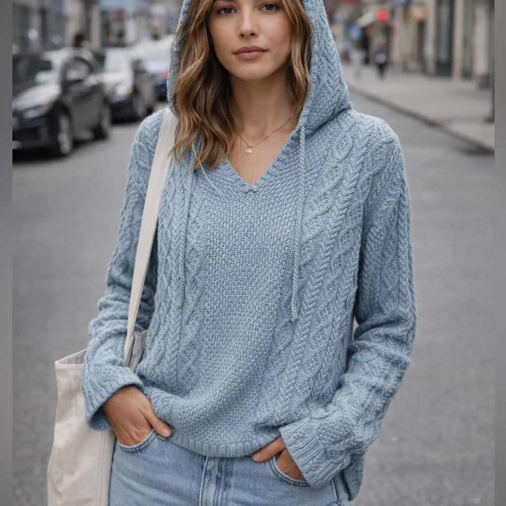 Vintage Polo Ralph Lauren Cable Knit V-Neck Sweater Size Large Hoodie Blue Y2K - Image 2