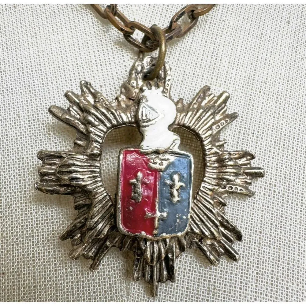 Vintage Coat of Arms Gold Tone Enamel White Knight Starburst Medallion Pendant - Image 2
