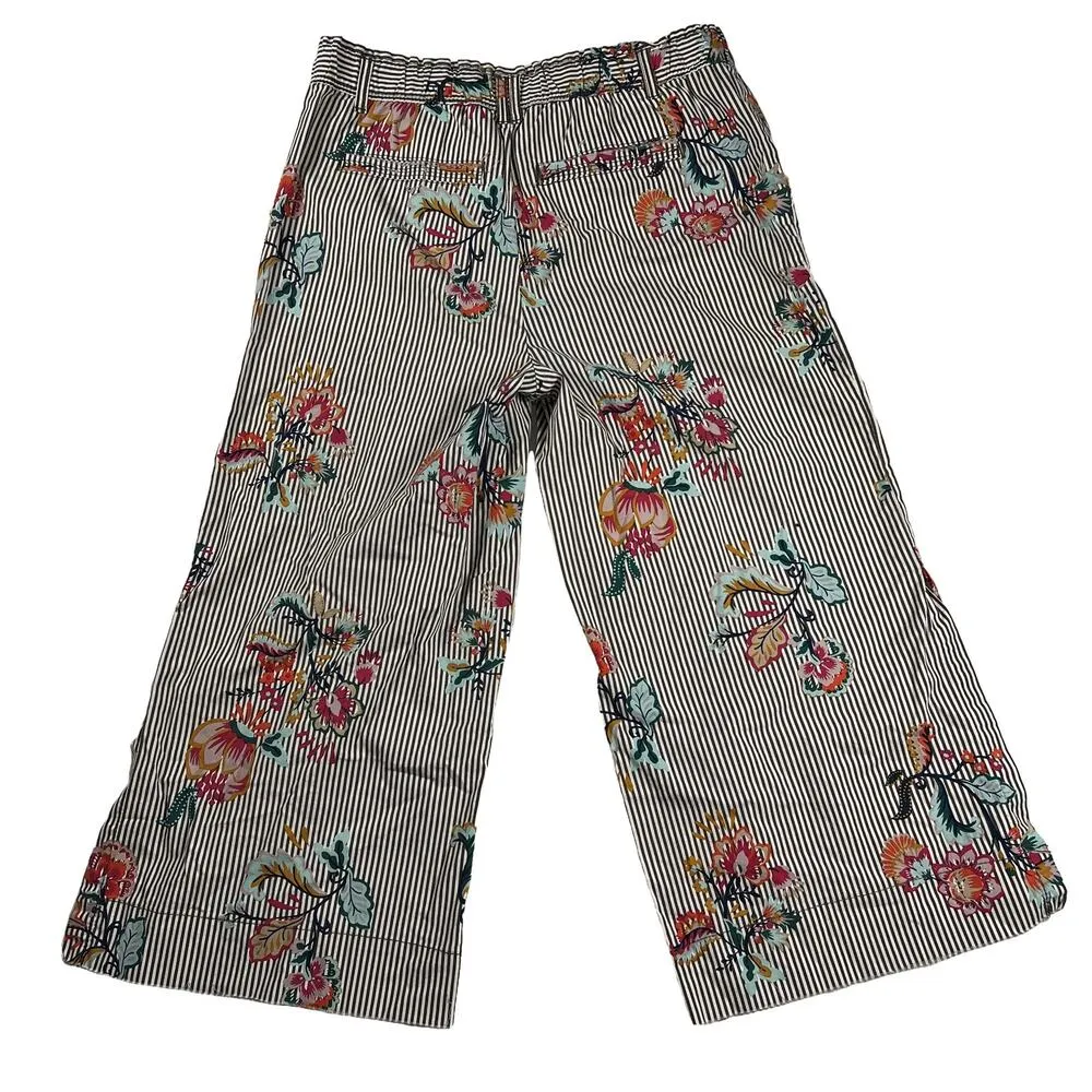 Democracy Wide Leg Raw Hem Cotton Pinstripe Floral Summer Pants Size 6 - Image 4