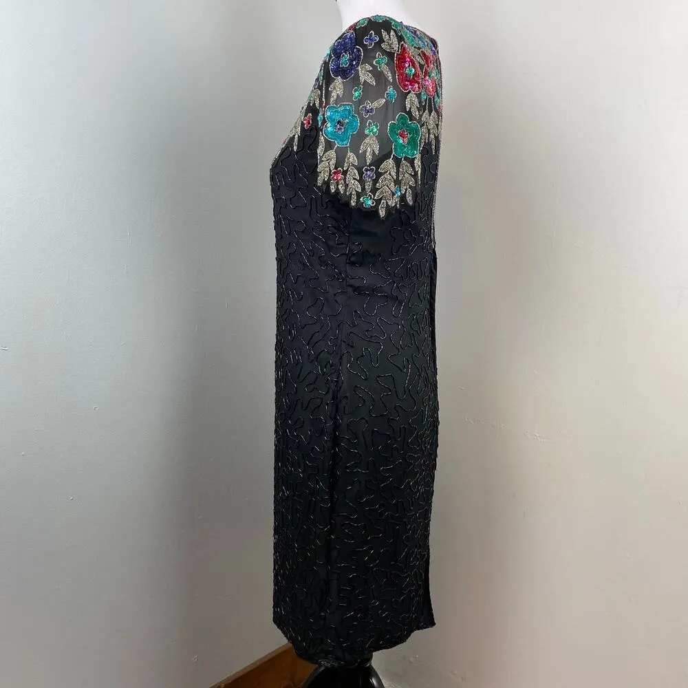 Vintage 80s Scala Black Fully Beaded Floral Silk Sheath Cocktail Dress Size 6 - Image 8