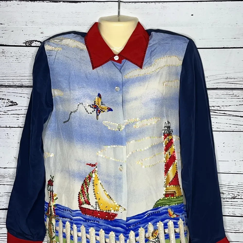 Quacker Factory NWT Size XS Beach Sailboat Sequin 100% Silk Button Up Blouse Top - Image 2