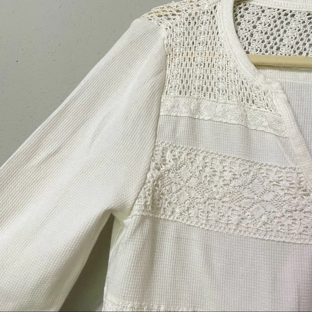 Lucky Brand White Long Sleeve Embroidered Blouse Boho Womens M Crochet Eyelet - Image 4