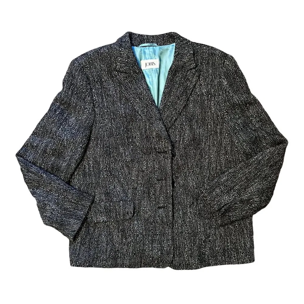 $500 VTG 80’s Jobis 44 14 Tweed Midi Skirt Power Suit Wool Blazer Jacket Blue - Image 2