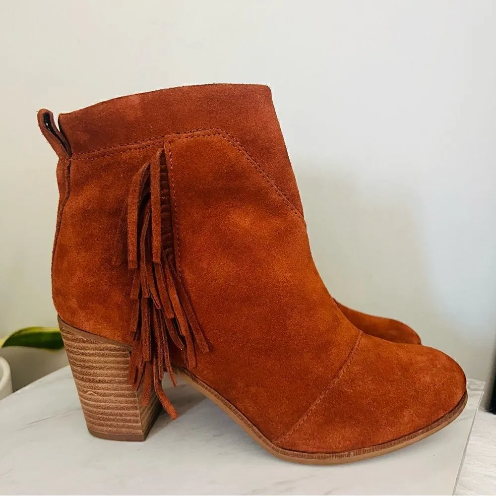 TOMS Lunata Western Boho Tassel Suede Bootie Stacked Block Heel, Brown Size‎ 8.5 - Image 10