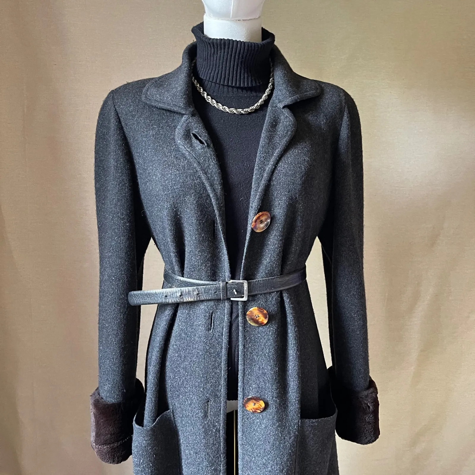 Vintage Fathi Due Paris Pure Cashmere Coatigan‎ S/M Gray Fur Cuff Long Maxi Coat - Image 2