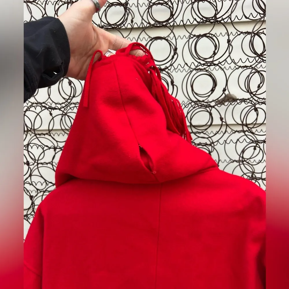 Vintage 80s Basile Red Wool Fringe Trench Coat Western Beyoncé Cowgirl Size M - Image 7