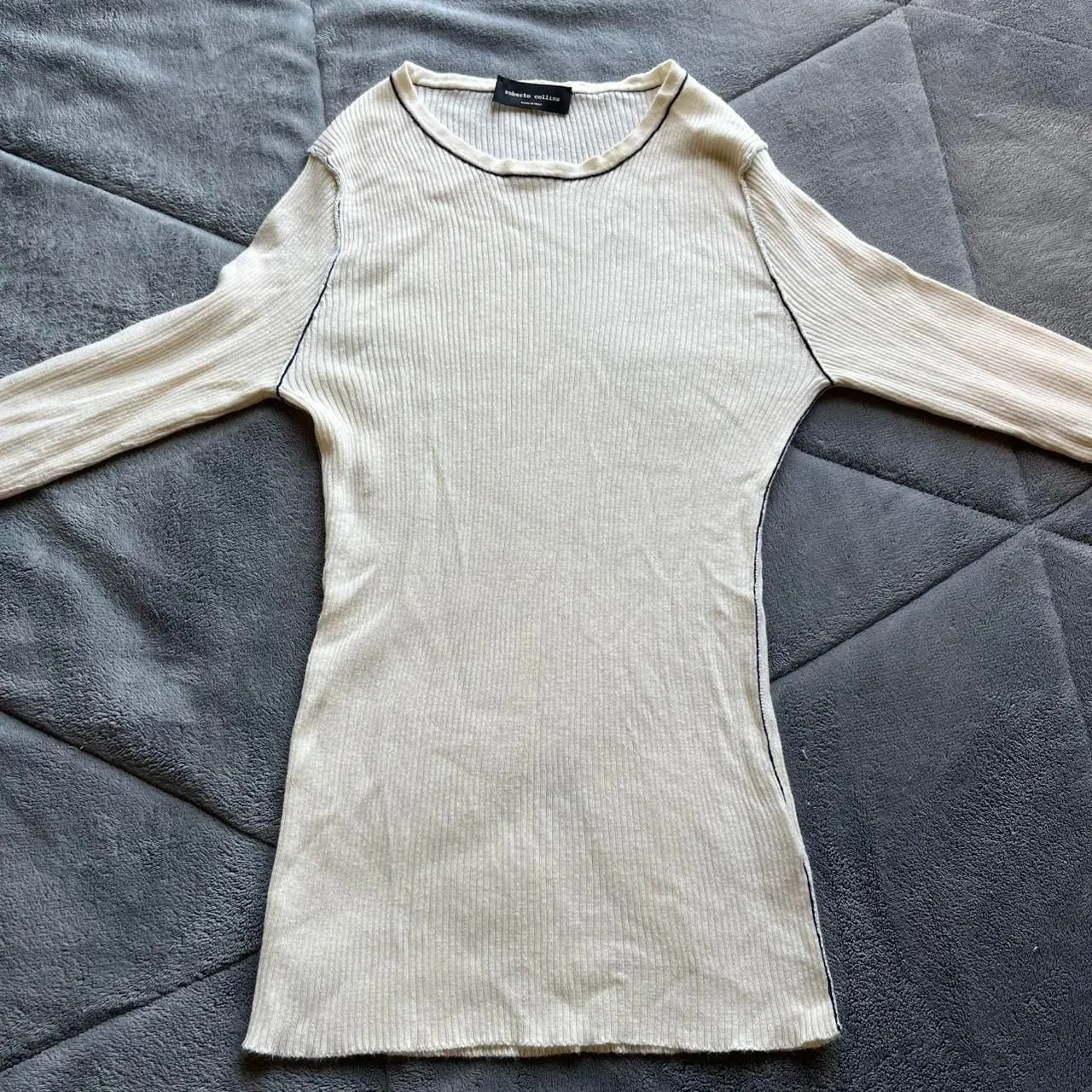 Roberto Collina Italy Ribbed Knit Cream Long Sleeve Top Size Small 100% Cotton - Image 2