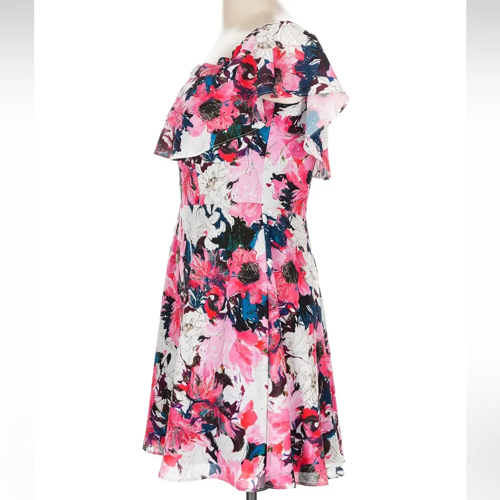 Black Halo Penelope Mini Dress Off Shoulder Ruffle Floral Garden Size 12 Large - Image 5