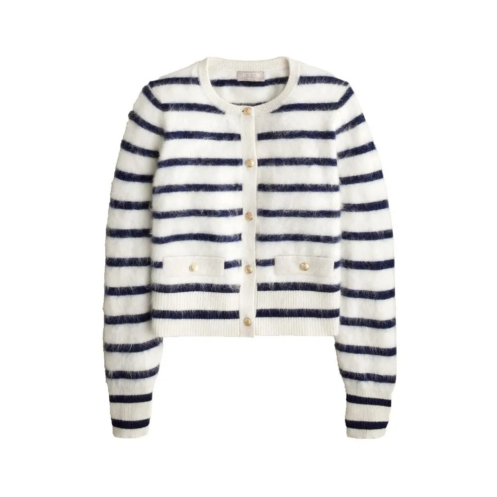NWT J.Crew Brushed Cashmere Fitted Cardigan in Natural Navy Stripe Sweater S - Image 7