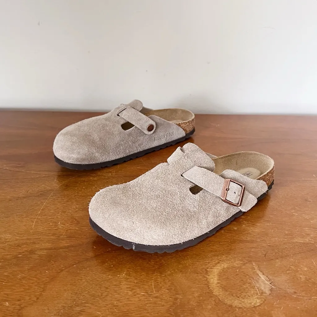 Birkenstock • Boston Clogs taupe suede leather soft footbed slip on buckle - Image 11