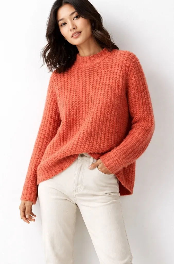 Field Flower Orange Textured Knit Mock Neck Sweater Women L Hygge Cottagecore Size L - Image 1
