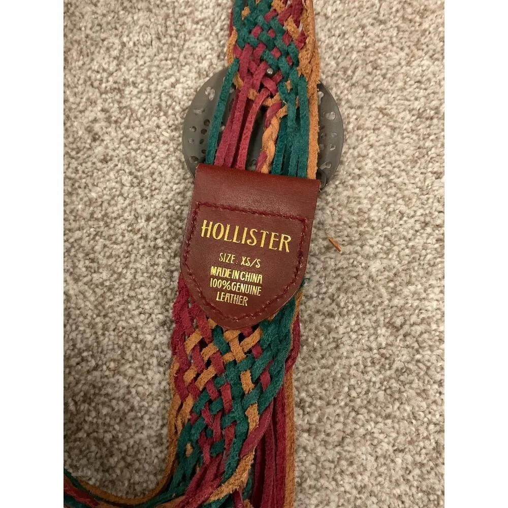 Hollister Y2K Boho 100% Leather Multicolored Braided Belt Brass Buckle, XS/S - Image 4