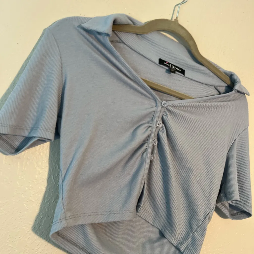 Mixed Threads Blue Crop Top Button Down Polo Top Short Sleeve Collared SZ M Size M - Image 3