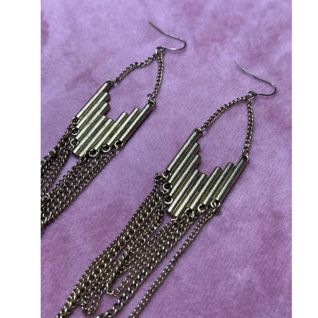 Vintage Gold Tone Chain Fringe Chandelier Earrings Boho Festival - Image 3
