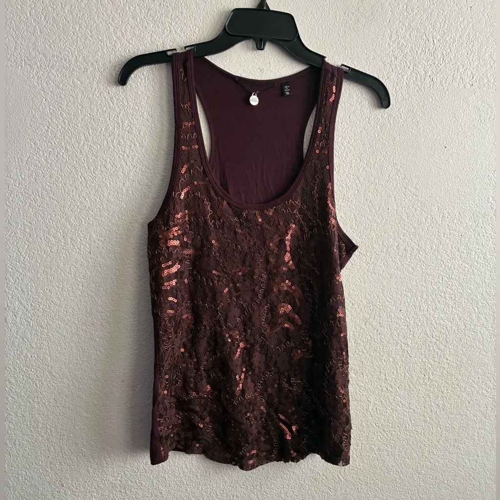 BKE Boutique Brown & Copper Lace/Sequins Tank M - Image 2
