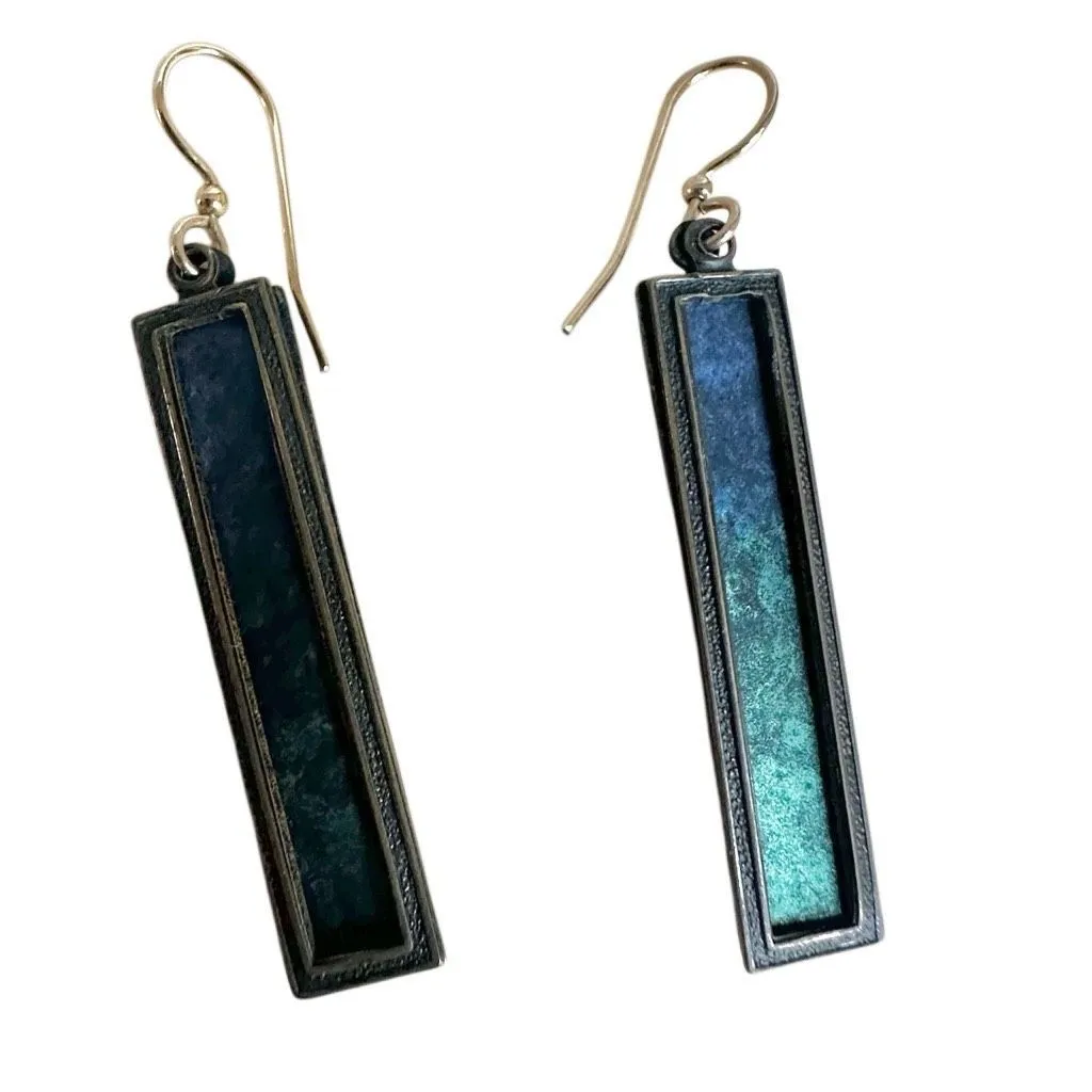 Modernist Patina Rectangle Drop Earrings with Gold - Image 5