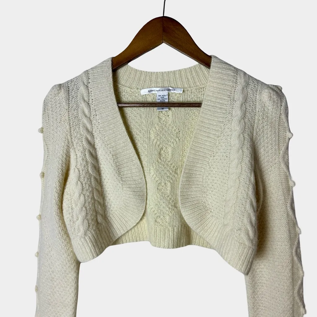 Diane von Furstenberg Guinevere Cropped Wool Angora Cable Knit Cardigan Shrug S - Image 3