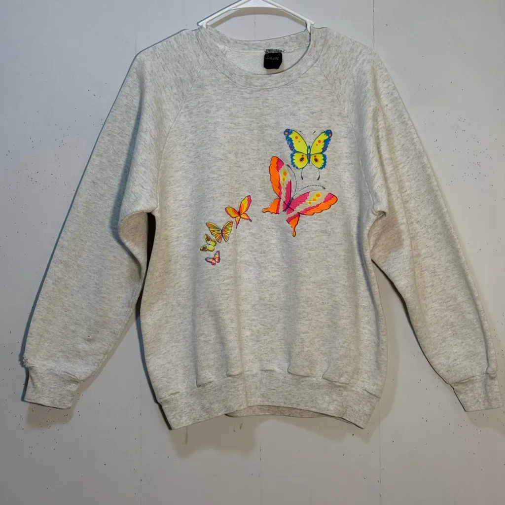 Vintage 80s Gray Sweatshirt with Neon Butterfles Sz L Size L - Image 4