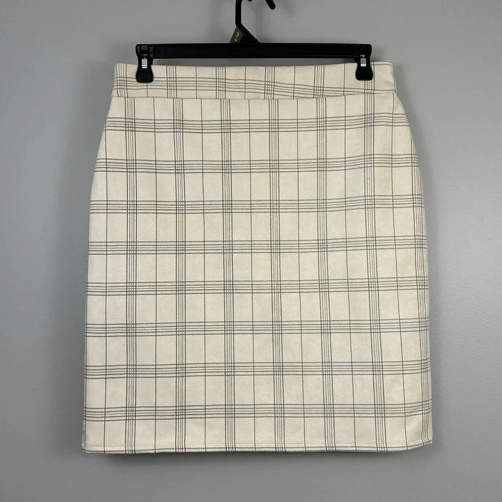 Alice Blue Skirt Full Zipper Women's XL Faux Suede Ivory Plaid Pockets Pencil - Image 6