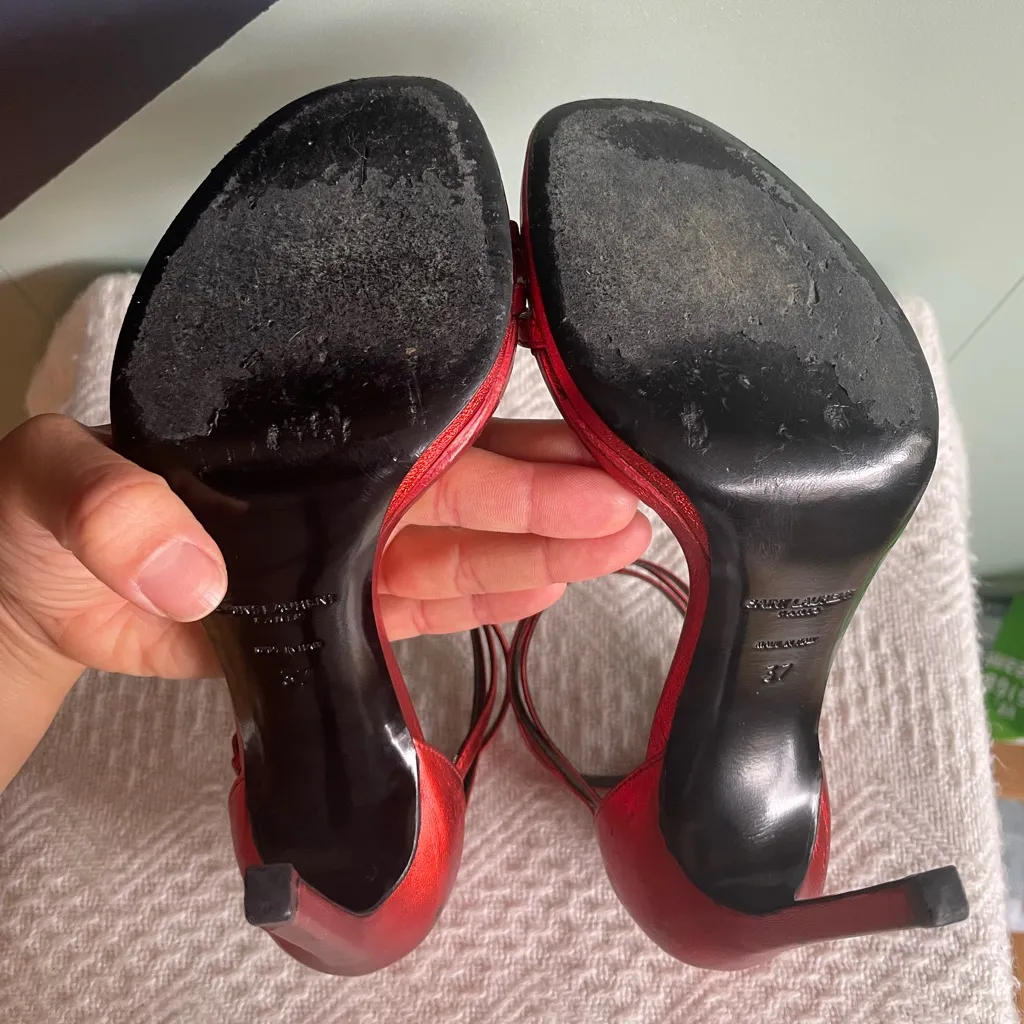 Saint Laurent / YSL Strappy Heeled Sandals, Metallic Rouge Orient, Size 37 - Image 8
