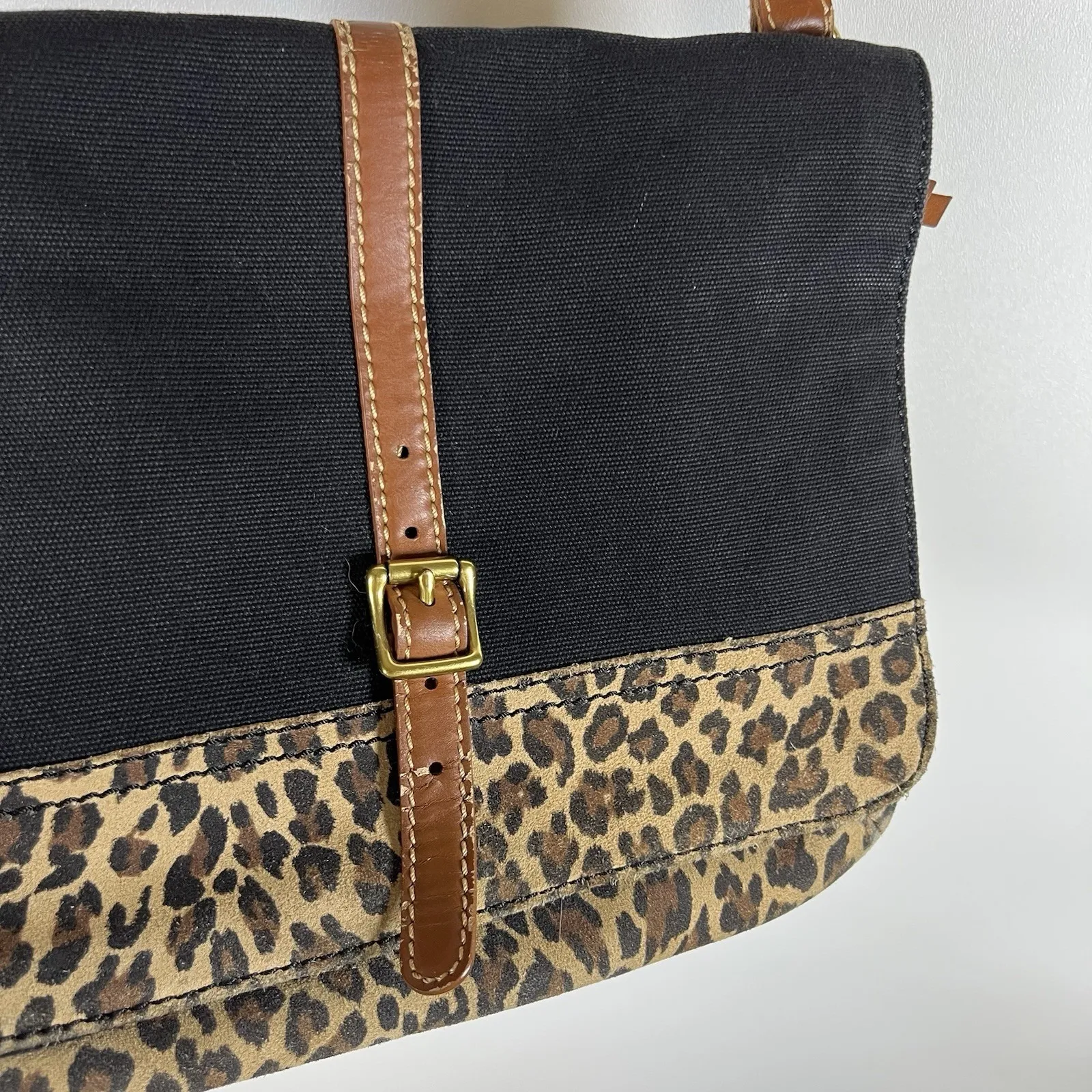 FOSSIL‎ TAYLOR FAB BLACK+CHEETAH PRINT CANVAS HOBO CROSS BODY PURSE 12X10 - Image 4