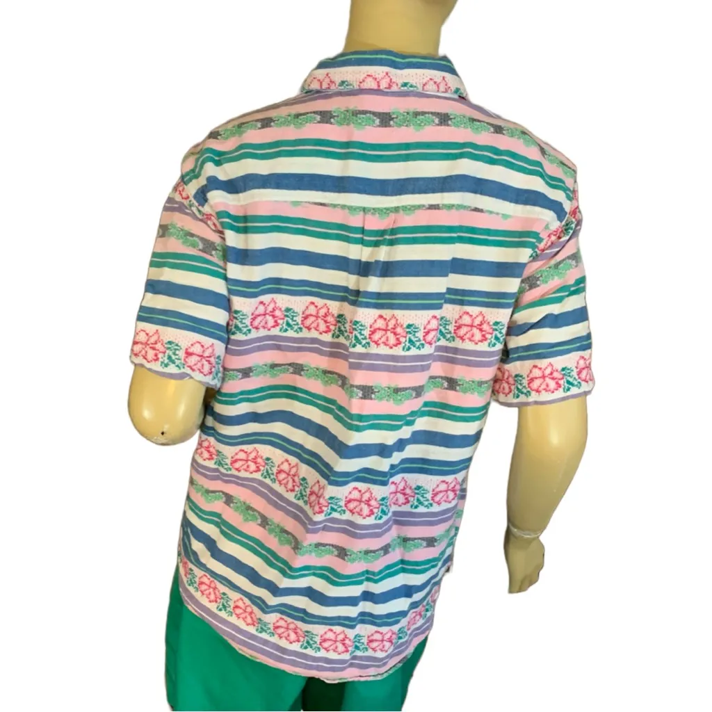 VINTAGE CABIN CREEK PINK, BLUE & WHITE FLORAL & STRIPE COTTON SHORT SLEEVE TOP L - Image 5