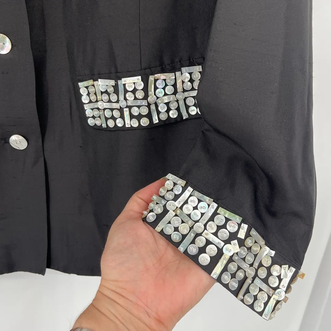 Vtg Bloomingdale’s Silk Button Women’s Jacket Sz 24W Mother of Pearl Art Deco 80 Black - Image 5