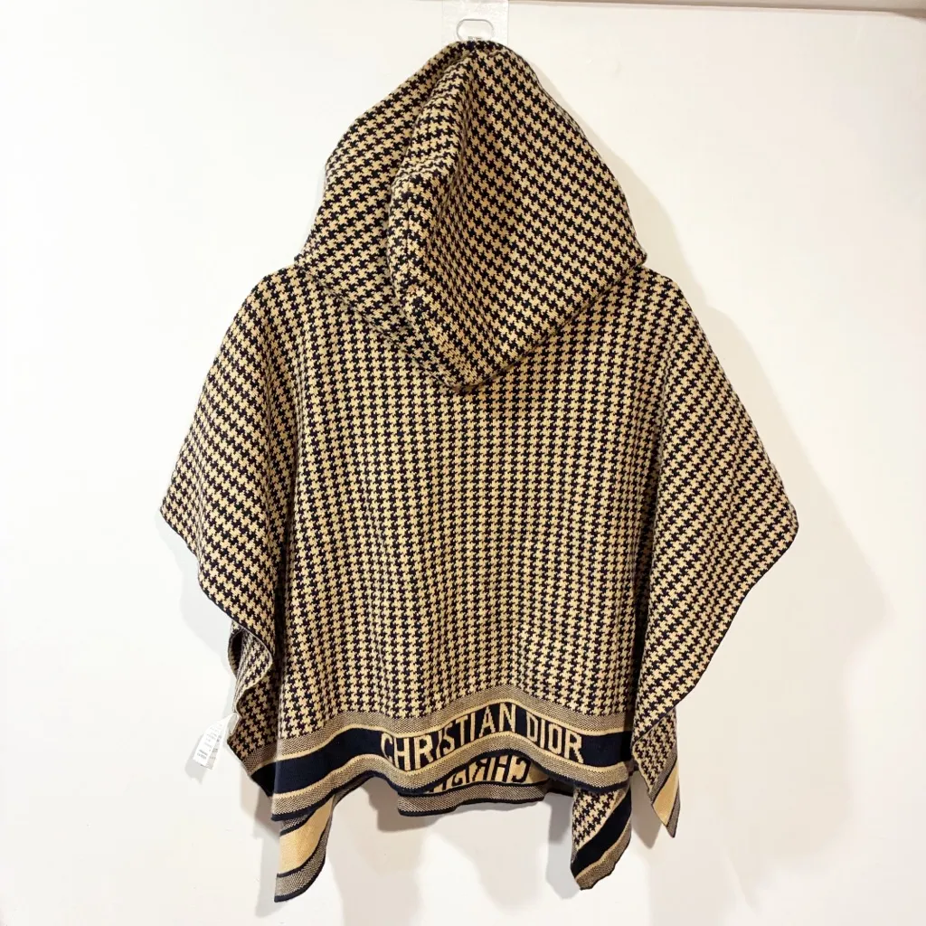 Christian Dior Houndstooth Wool Cashmere Poncho Sweater Size 6 Hooded Knit Cape - Image 6