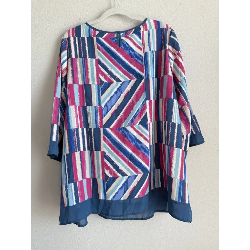 BOB MACKIE Wearable Art Abstract Stripe Tunic Top Chiffon Trim Blouse Women’s 2X Blue - Image 6