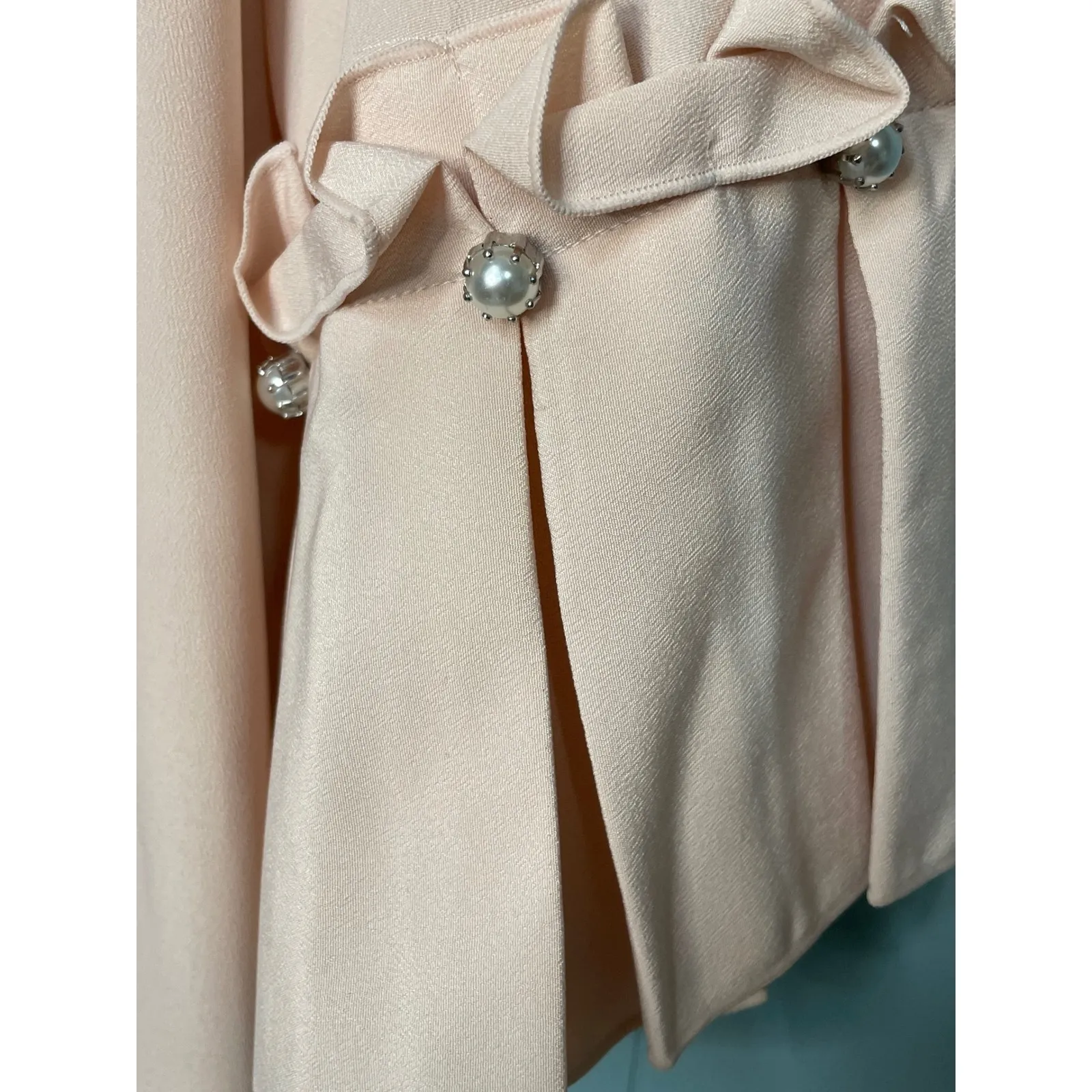 KARL LAGERFELD PARIS Womens Blouse XL Pink Ruffle Pearl Sleeve V Neck Tie Neck - Image 3