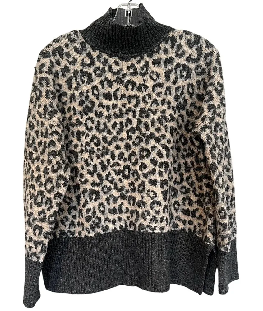 Marled Animal Print Mock Turtleneck Sweater Women's Medium Gray Cream Split Hem - Image 1