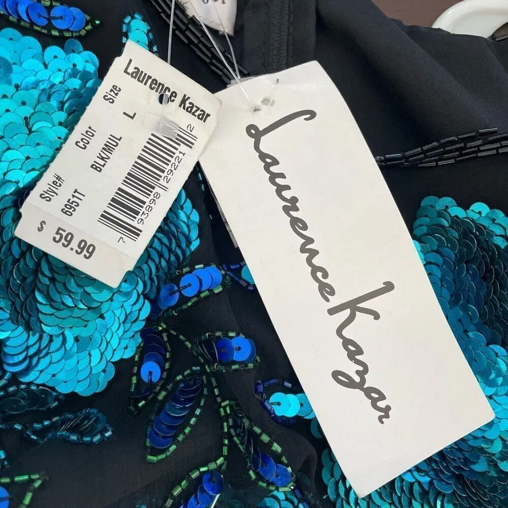 NWT NOS Laurence Kazar Beaded Sequin Short Sleeve Silk Top Blue Black L - Image 9