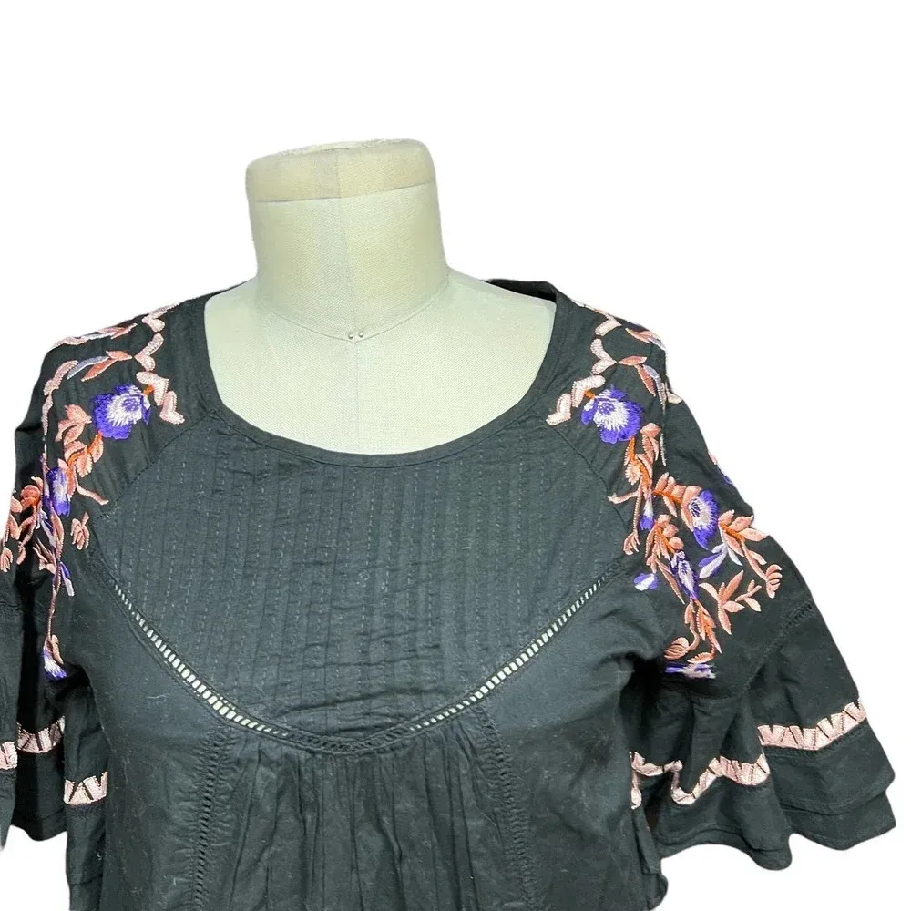 Free People Pavlo Embroidered Smock Dress Black Purple Floral‎ Size XS - Image 4