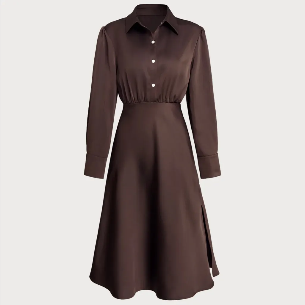 Rihoas Coffee Ruched Button Midi Dress Brown - Image 6