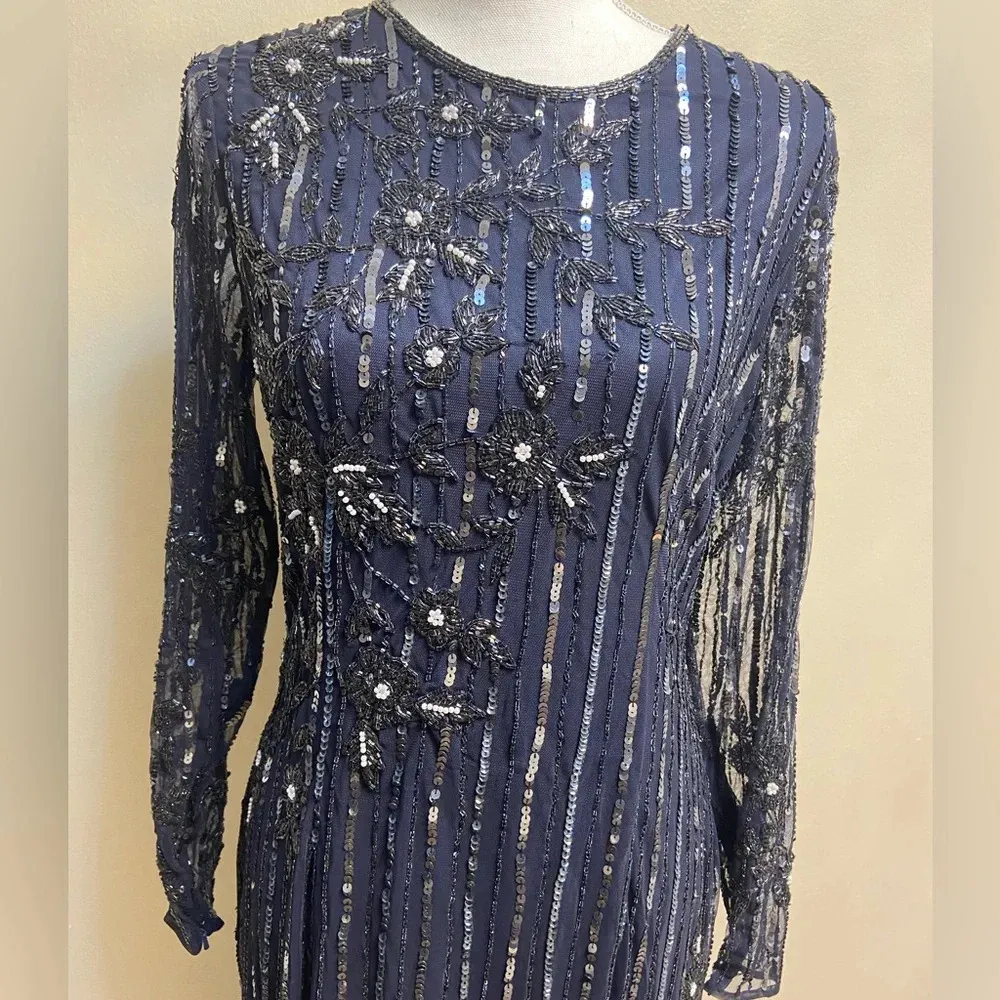Mac Duggal sequin formal dress high neck illusion navy formal cocktail Sz‎ 8 NWT - Image 6