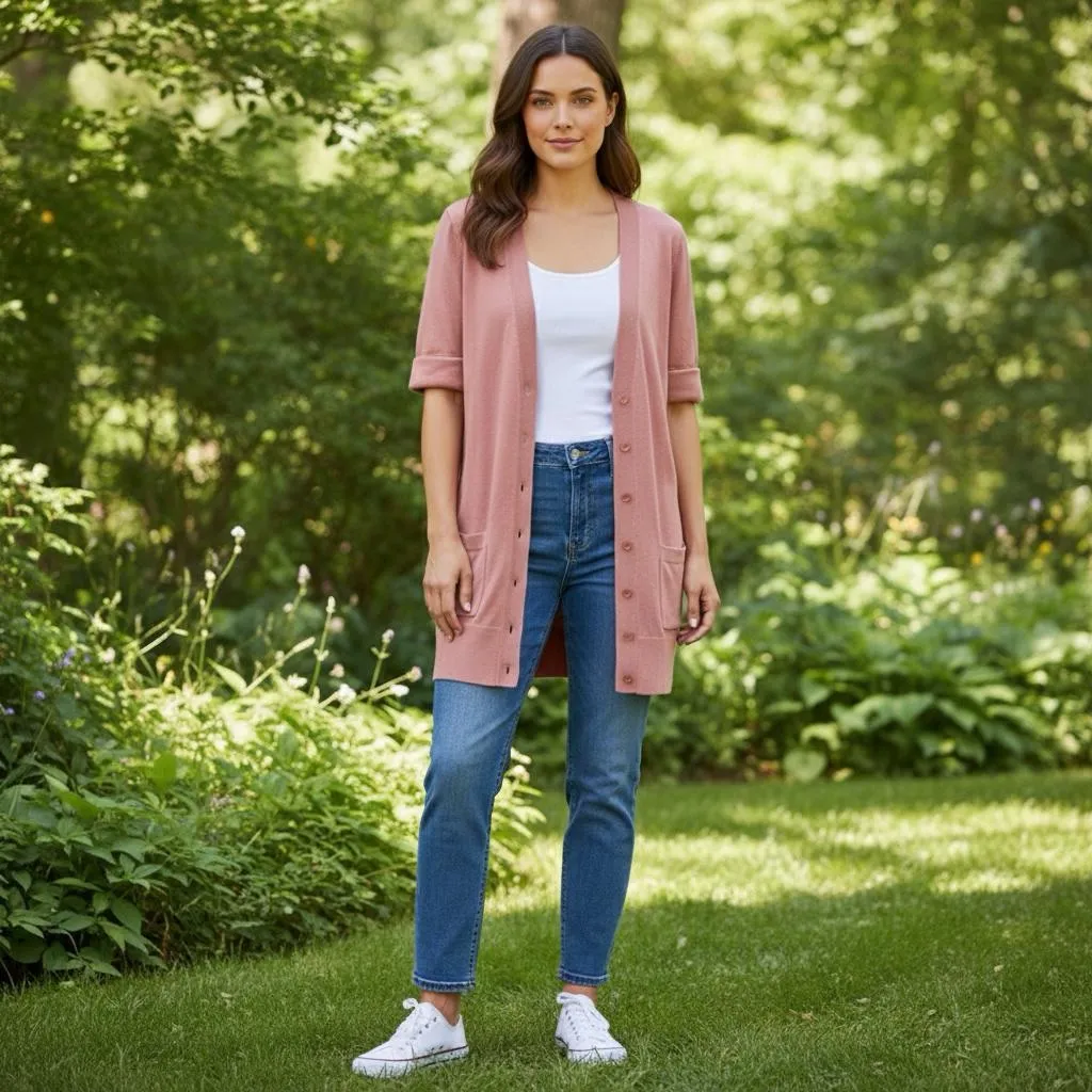 Loft Dusty Rose Long Button-Front Cardigan casual classic Sz Medium - Image 2