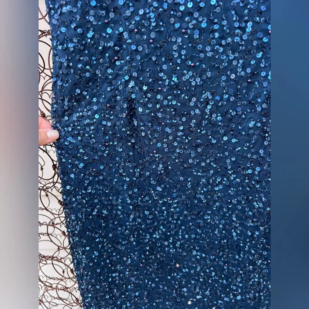 Adriana Papell Navy Blue Bead Sequin Long Formal Short Sleeve Glam Gown Size 8 - Image 3