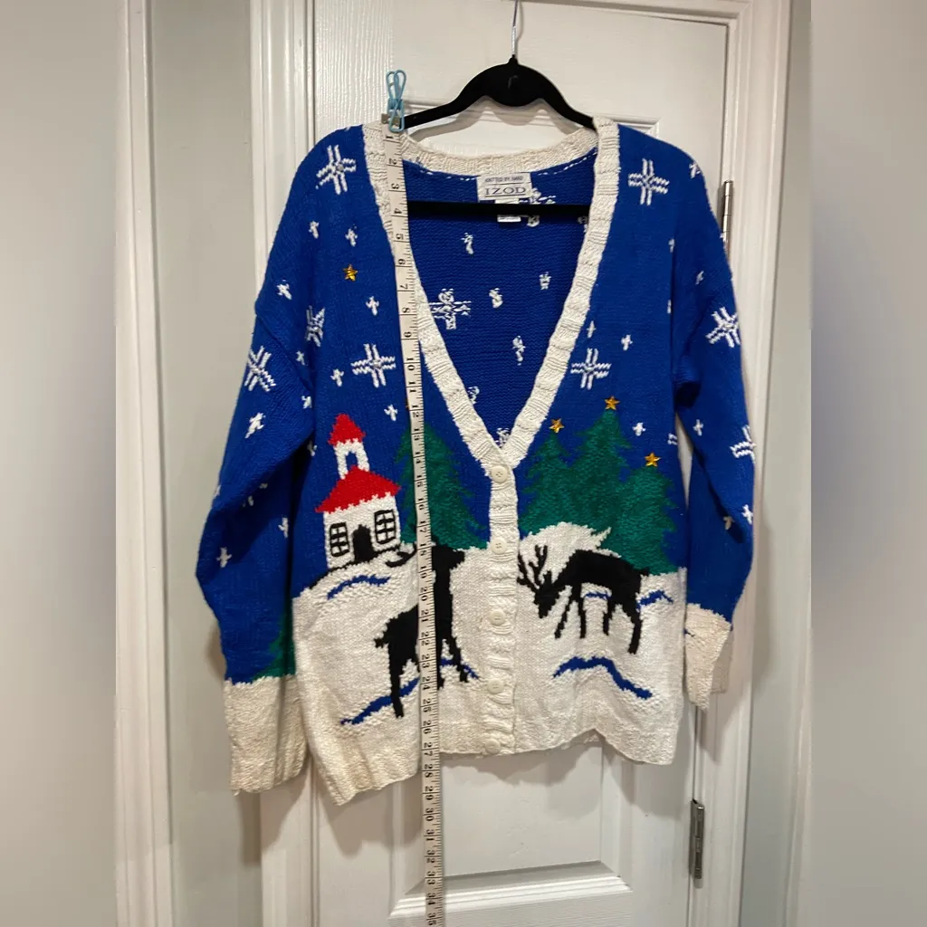 VTG Izod Size M Hand Knit Ramie Cotton Christmas Sweater Cardigan 80s Deer Snow - Image 5