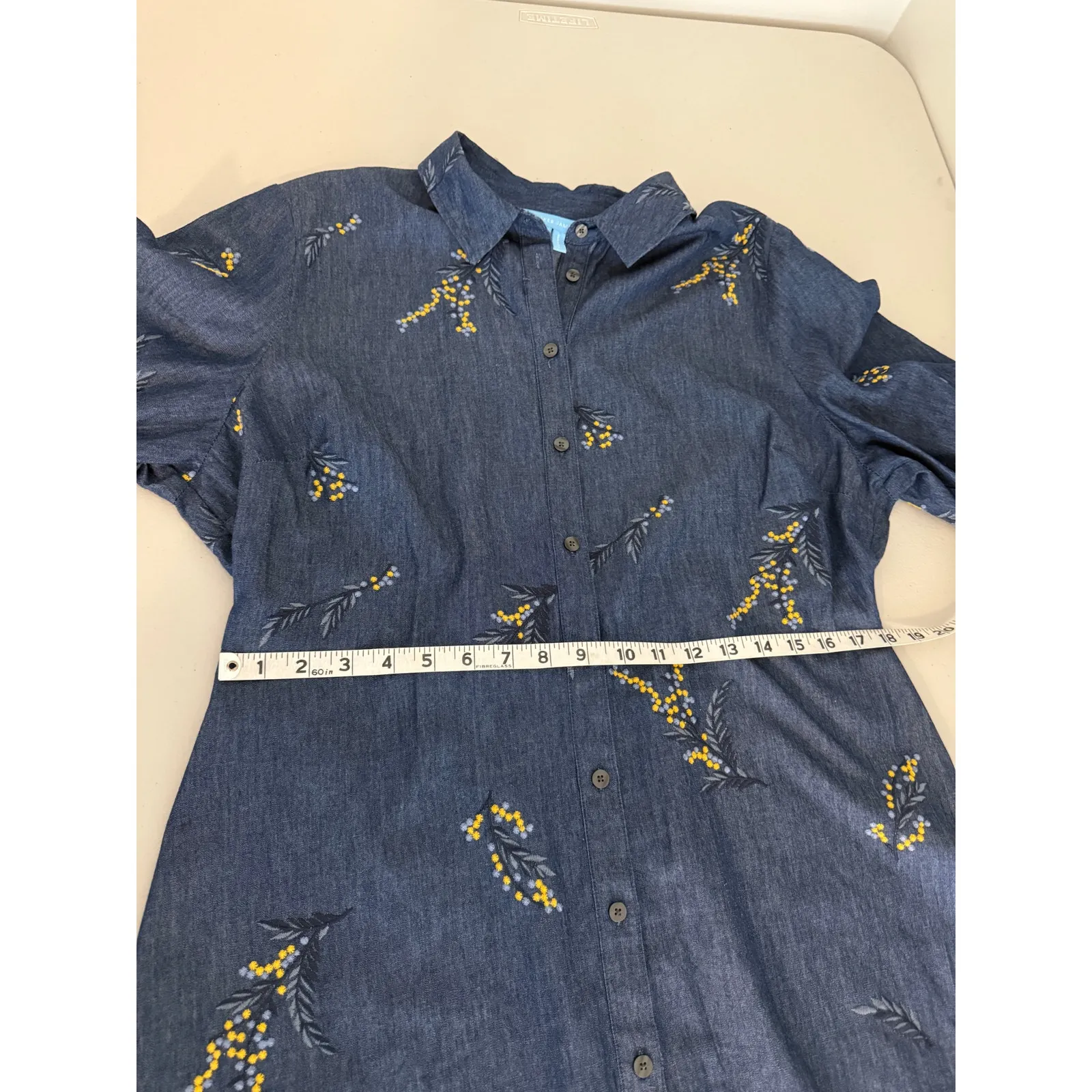 Draper James Floral Embroidered Blue Chambray Denim Shirt Dress 16 Preppy Boho - Image 7